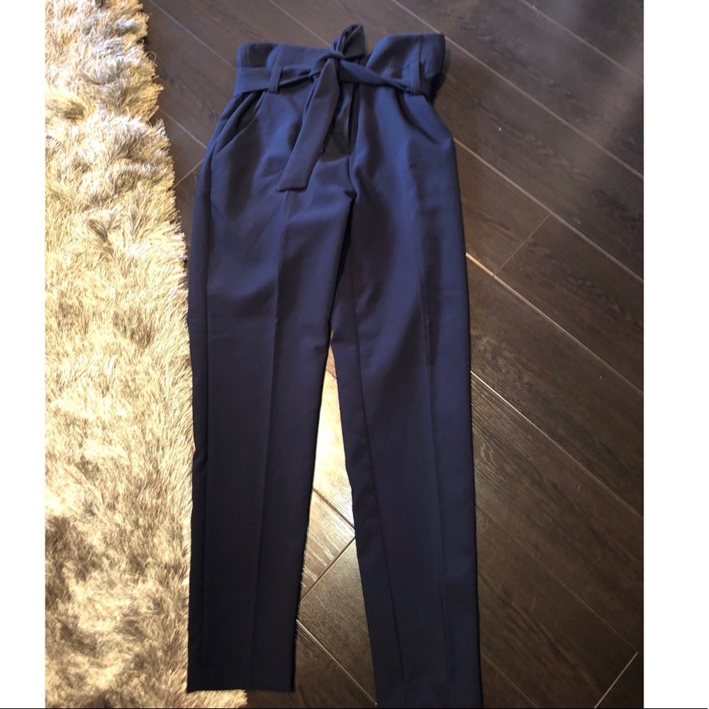 New York & Company Navy Paperbag Waist Ankle Pants